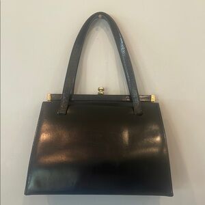 Vintage Black Leather Handbag gold accents